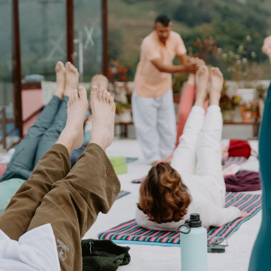 Morning yoga and sound healing at Niru Yoga Homestay with Himalayan backdrop